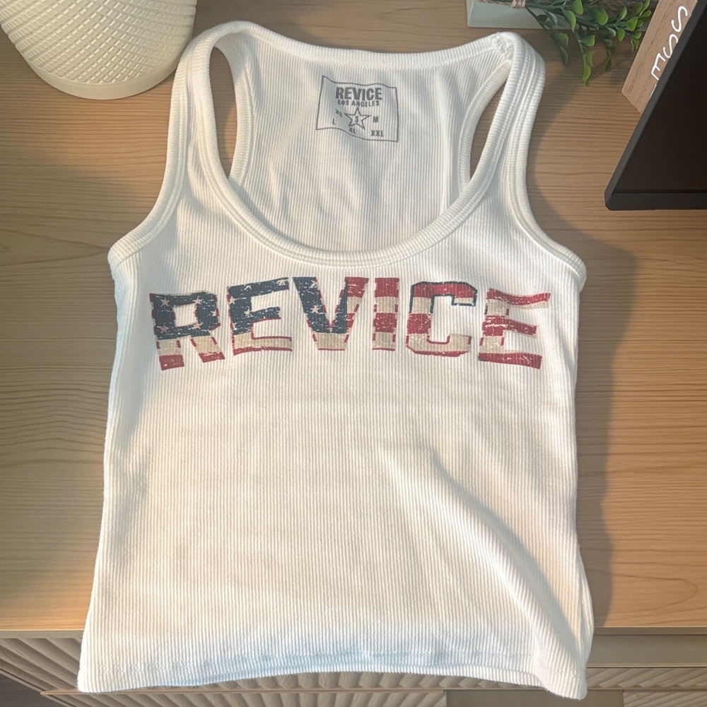 REVICE White Ribbed Tank with Distressed Red and Blue Logo